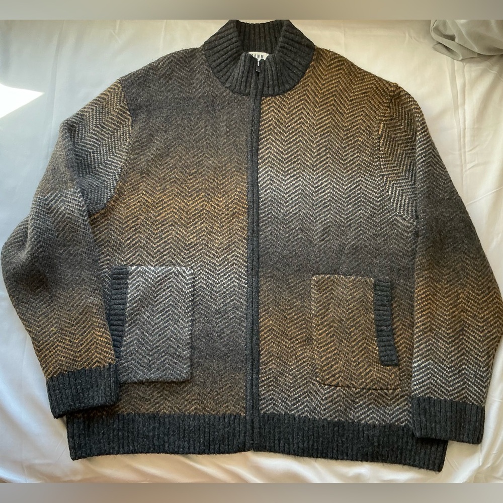 ROWM Full Zip Chevron pattern Wool Blend Gray & Gold Sweater Men’s size XXL